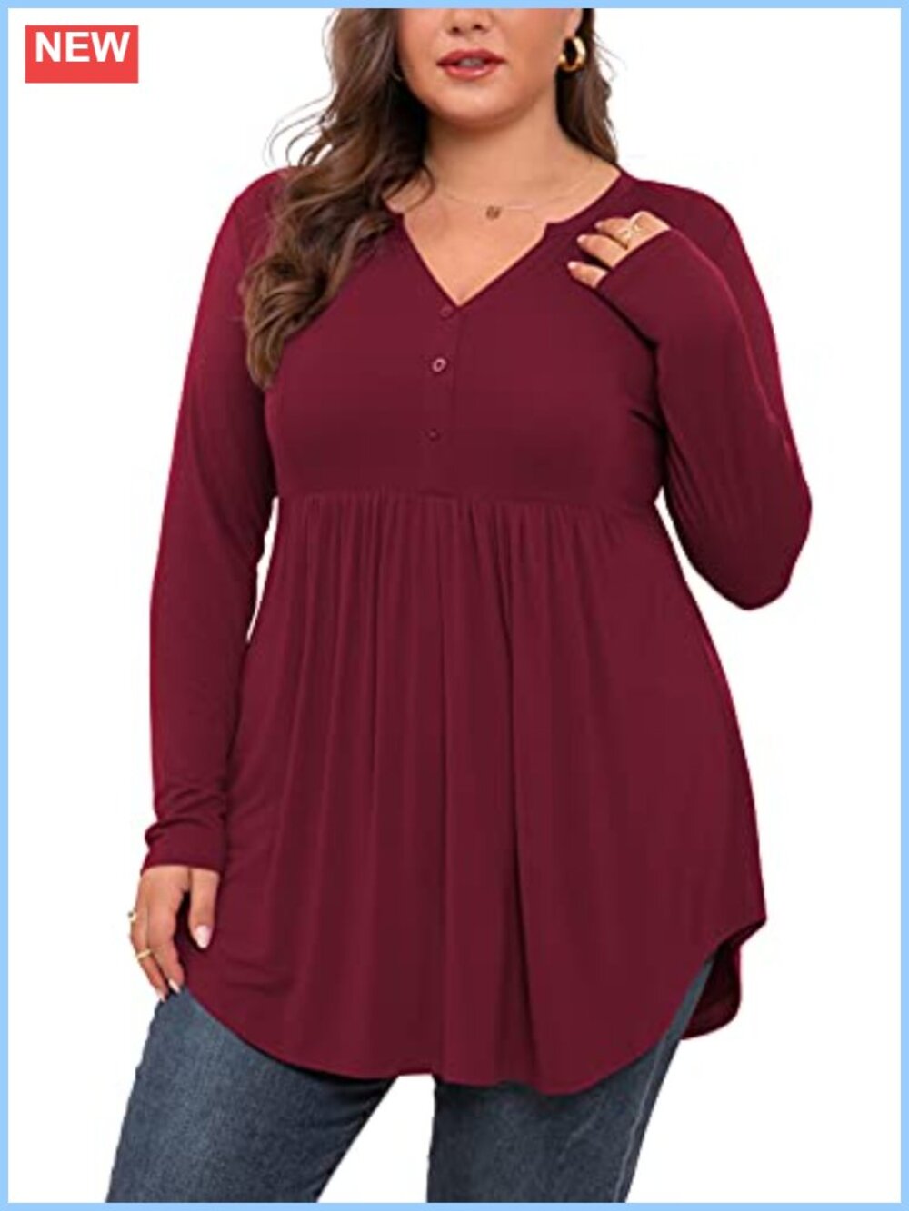 Plus Size Henley V Neck Tunic Top Long Sleeve Ruffle Hem Blouse